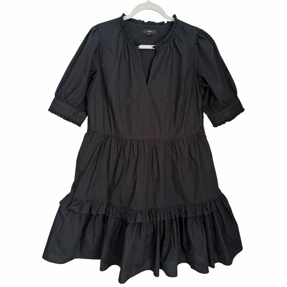 J. Crew Dresses & Skirts - J.Crew Black Cotton Ruffle Neck Tiered Popover Mini Dress Women’s Puff Sleeve S